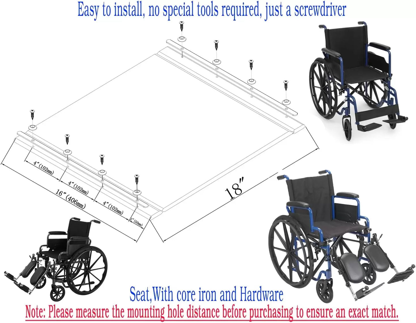 Morecare Wheelchair 18 inch seat, Wheelchair Replacement seat, 18x16inch, Nylon Seat Upholstery, Wheelchair Replacement Parts, with Hardware