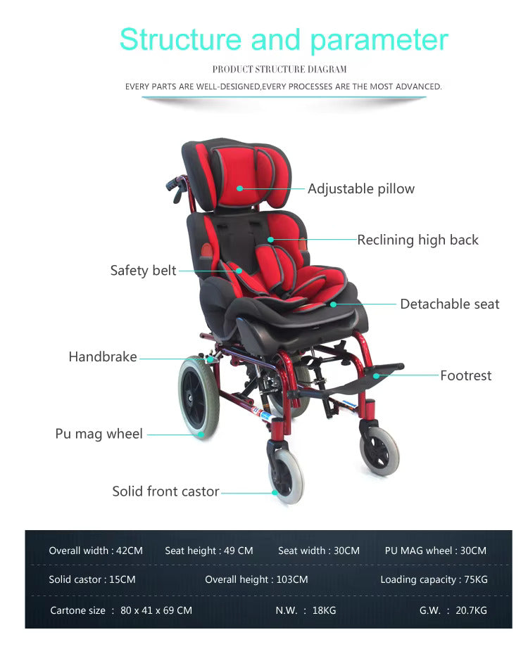 Morecare High-Back Reclining CP Wheelchair for Children – Lightweight Aluminum Frame