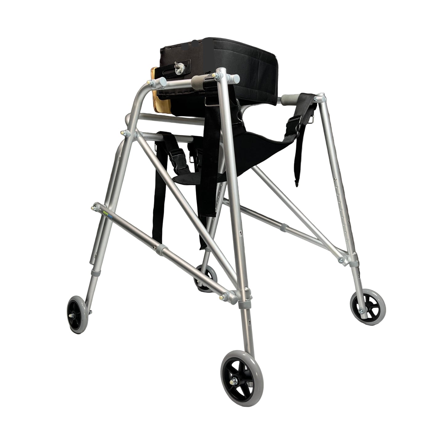 Silver walker with wheels on a gray floor against a gray wall