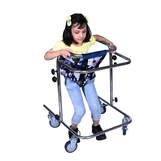 Four-Wheels Upright Training Walker for Disabled, Kids & Teens - Adjustable Folding Progressive Mobility Aid with Removable Seat (Tulip)