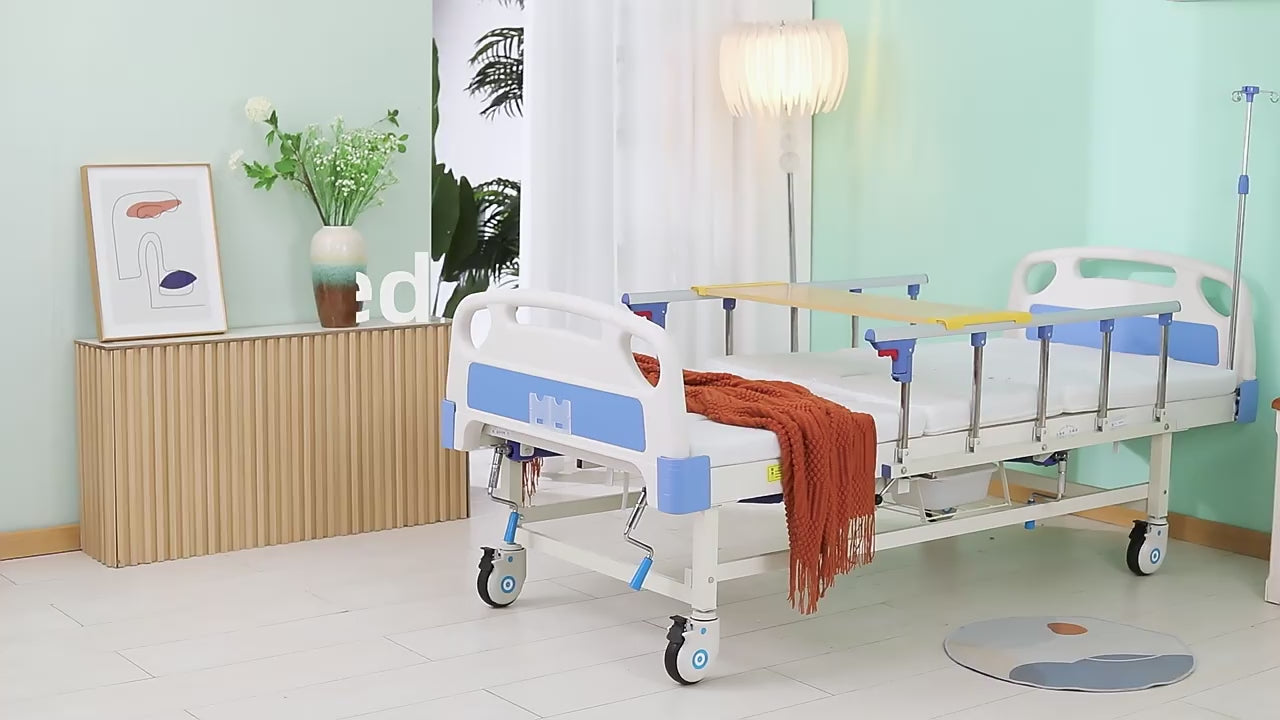 Load video: Manual Homecare Nursing Bed with Commode, Side Tilting Operation &amp; Chair Position