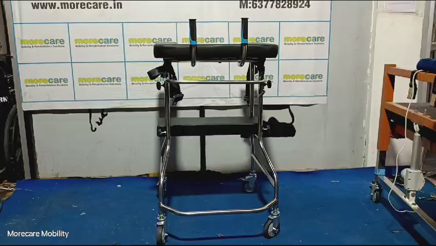 Load video: MORECARE Axillaris Walking Aid for Cerebral Palsy and Hemiplegia - Kids Walker ( Gulmohar )